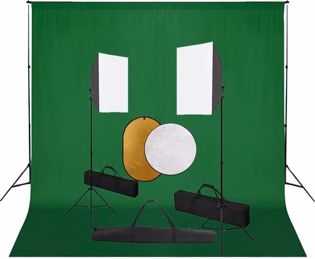 Kit professionale per studio fotografico con softbox rettangolare bianco, fondale verde e riflettore, completo di treppiede regolabile in alluminio