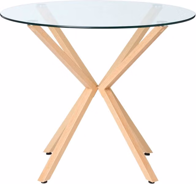 Tavolo da pranzo rotondo Beliani con piano in vetro temperato trasparente e struttura in legno marrone, stile moderno, ø 90 cm, H 75 cm