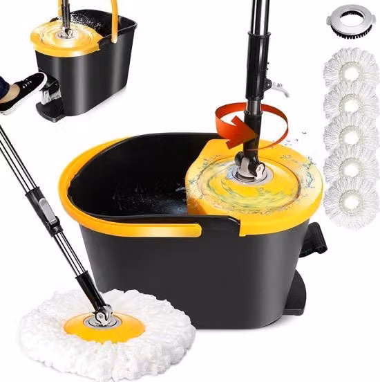 Set di pulizia con secchio, 128 cm aspirapavimenti con funzione di spremitura, spazzola professionale con manico telescopico e 5 pad di microfibra per tutti i tipi di pavimento, 1 testa a spazzola inclusa