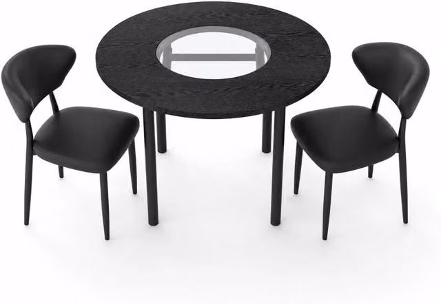 Tavolo e sedie rotondo 100 cm nero effetto legno, 2 posti, con vetro