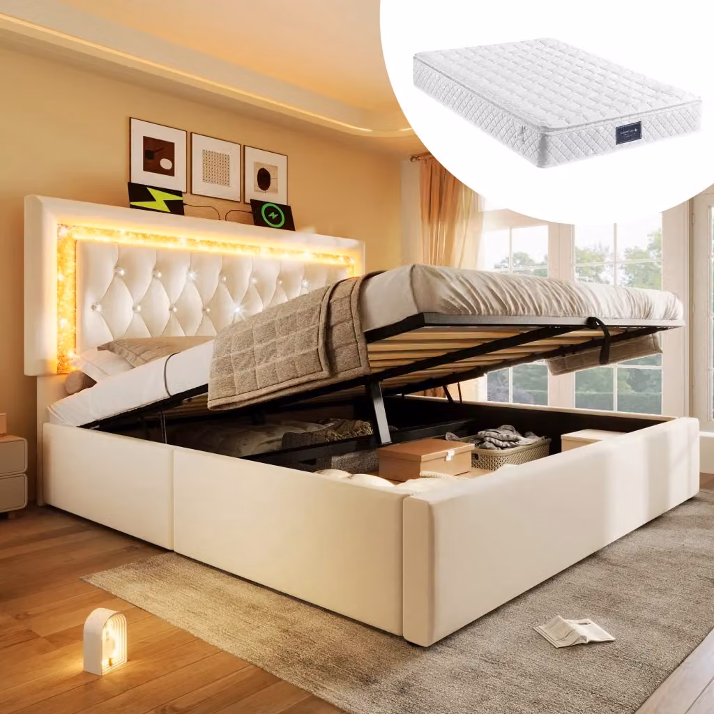 Letto imbottito WISHDOR in velluto beige con contenitore idraulico, illuminazione LED, ricarica USB e Type-C, L/P/H: 140 x 200 x 151 cm – 2