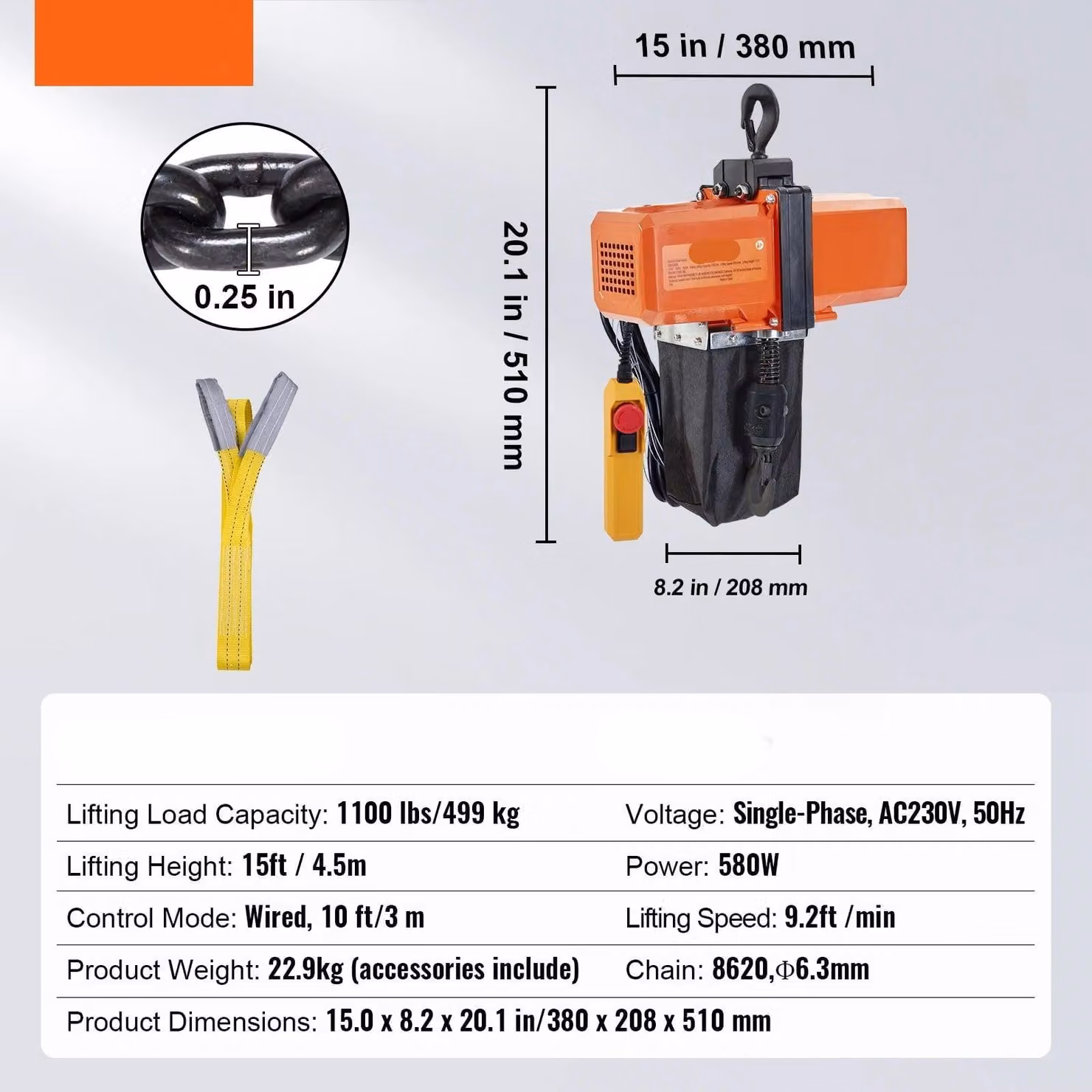 Traslatore elettrico a catena - Argano - Capacità di sollevamento: 499 kg - Motore: 580W - Altezza di sollevamento: 4,5 metri