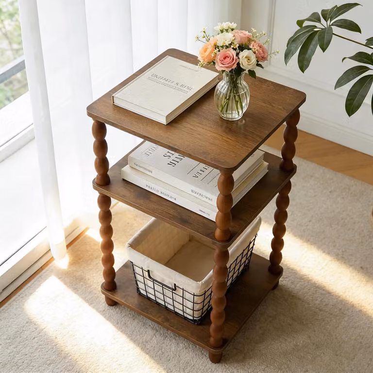 Tavolino ausiliario marrone, 30x34x58 cm, in MDF con gambe in legno massello