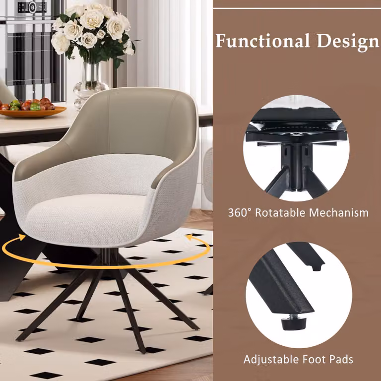 Sedia da pranzo - Sedia girevole - Sedia a forma di conca - Sedia da cucina - Set di 2 sedie beige - Rivestita in ecopelle con imbottitura in memory foam