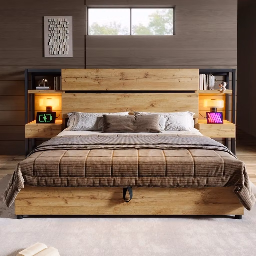 Letto contenitore Mivray con testiera a cassetti e ricarica USB Type-C in MDF e metallo color rovere L/P: 180 x 200 cm – 2