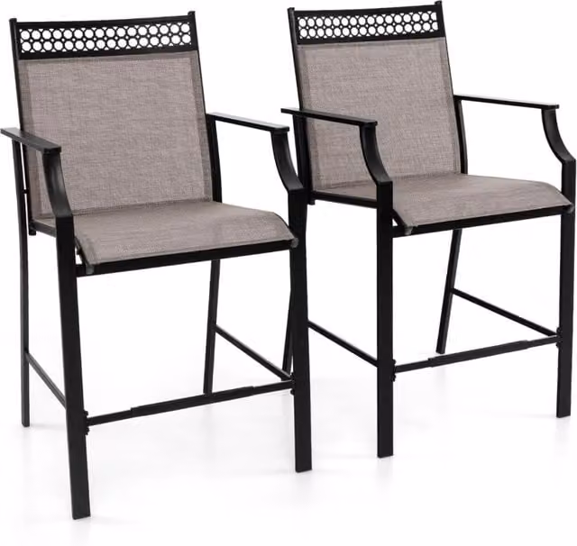 Set di 2 sgabelli da bar da esterno Design Mania con braccioli e poggiapiedi in metallo, disponibili in marrone o grigio opaco, ideali per giardino, balcone o terrazzo