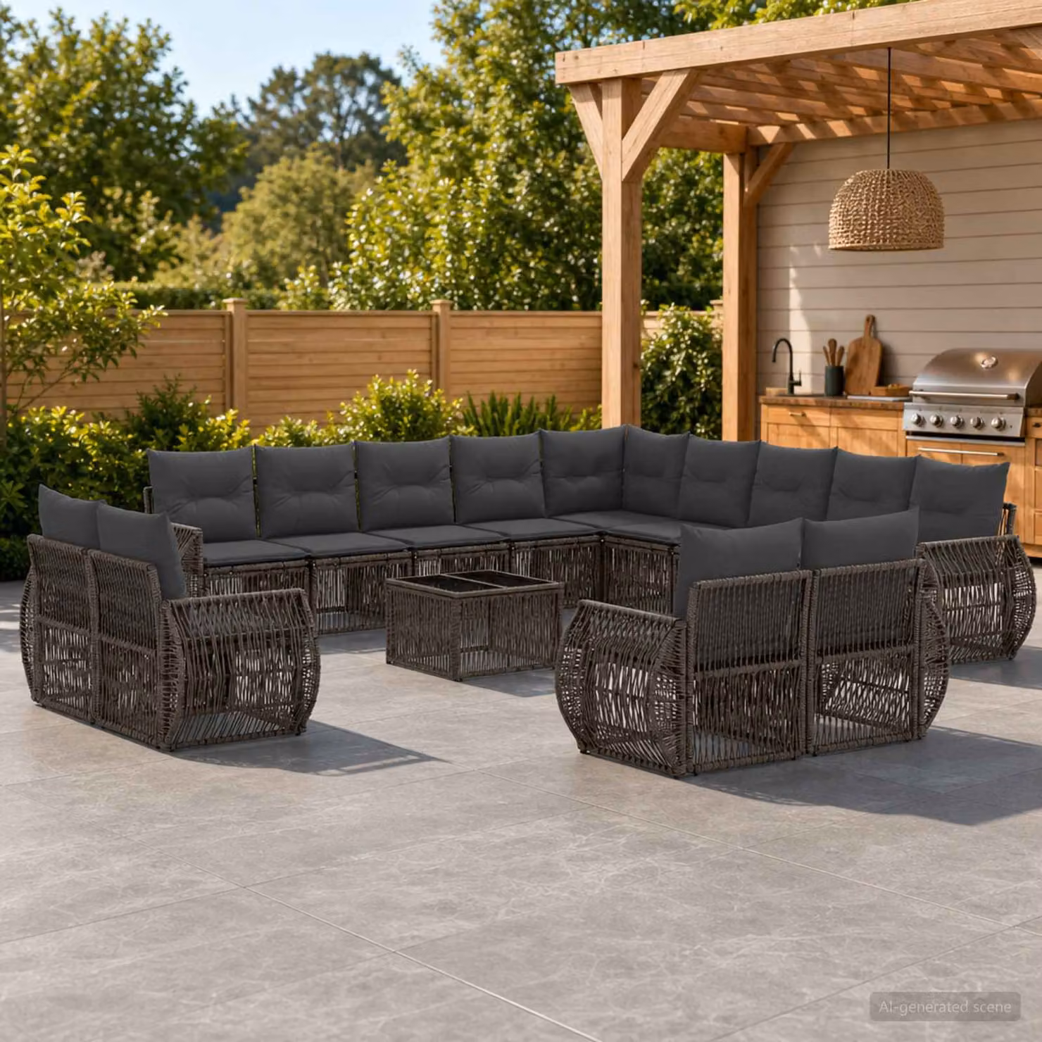 Set Divano da Giardino vidaXL 14 Pezzi a Forma di L in Polyrattan Grigio e Antracite con Tavolino e Cuscini Imbottiti