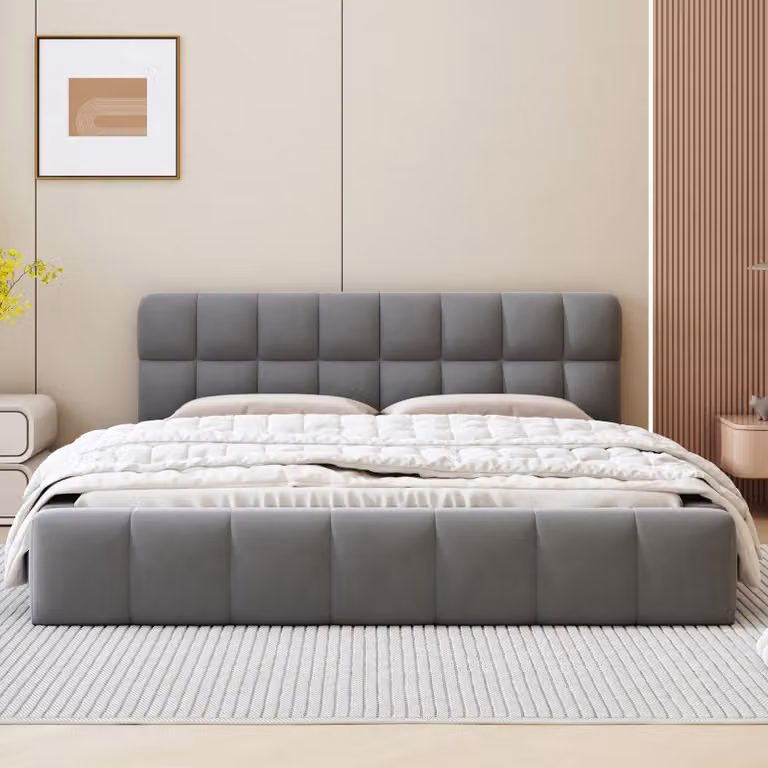 UnboxG Letto imbottito 140x200cm con rete a doghe, letto con rete e contenitore, letto matrimoniale, letto funzionale, biancheria, grigio