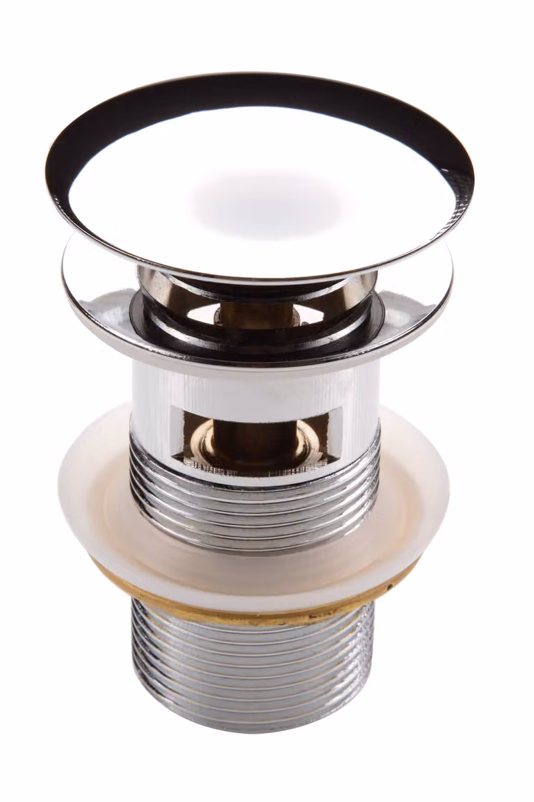 Tappo per lavabo Click-Clack in ottone cromato con troppopieno, filettatura 1 1/4", guarnizioni in silicone, codice prodotto NHC_010B