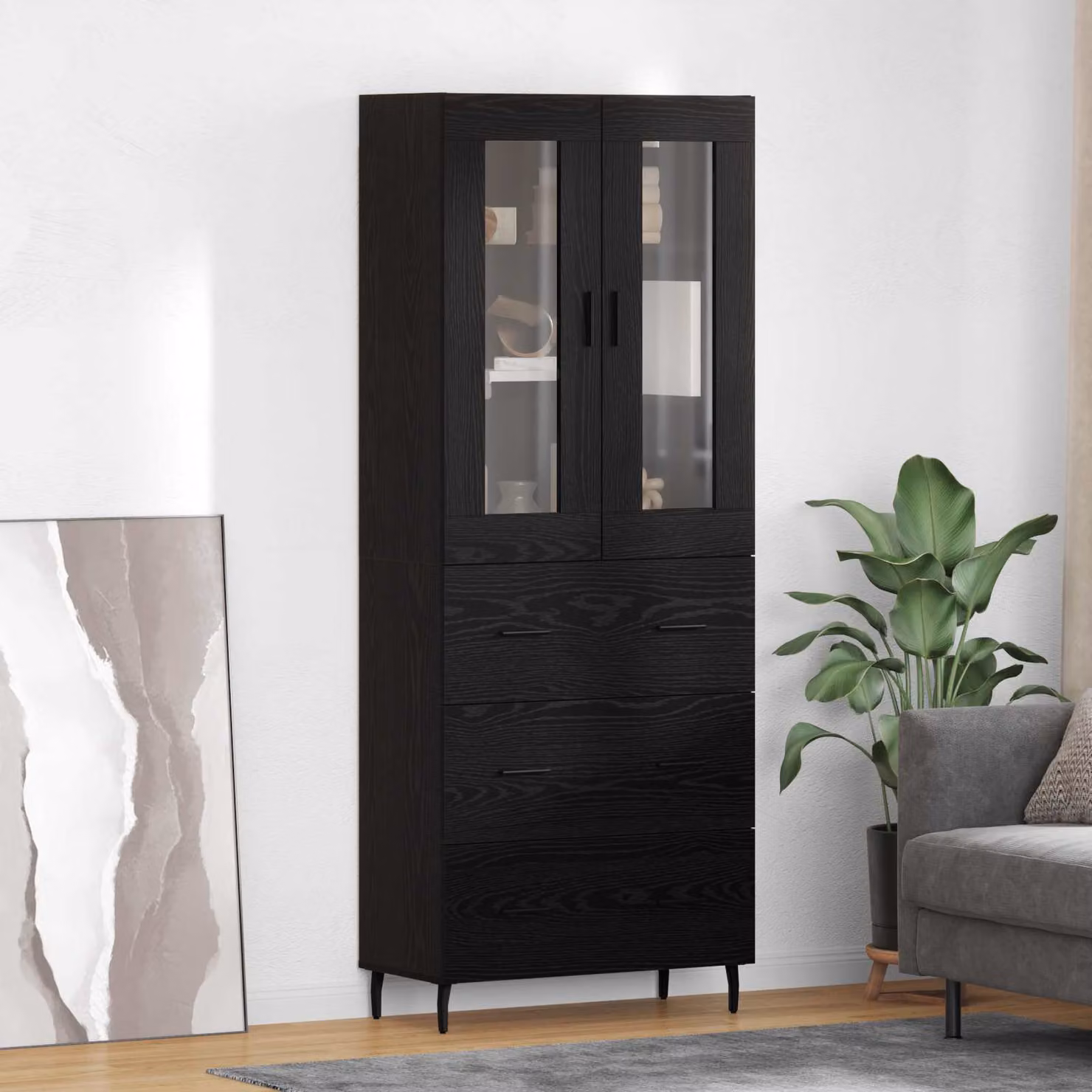 Set di 2 credenze moderne vidaXL in rovere nero con ante a battente e ripiani interni, L: 69,5 cm, P: 34 cm, H: 180 cm