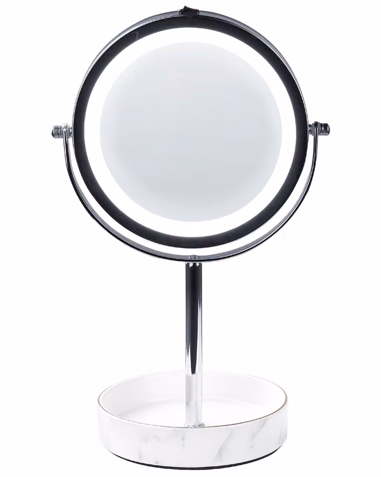 BELIANI Specchio cosmetico LED argento e bianco cornice in metallo ferroso ø 20 cm supporto in Vetroceramica 1x/5x lente d'ingrandimento bifacciale