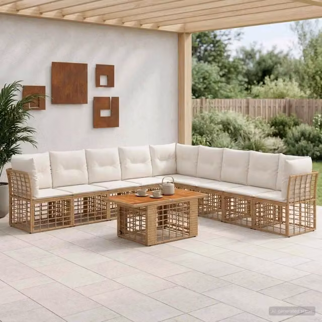 Set Divano da Giardino 10 Pezzi vidaXL in Polyrattan con Tavolino e Cuscini, Colore Naturale e Bianco Crema – 1