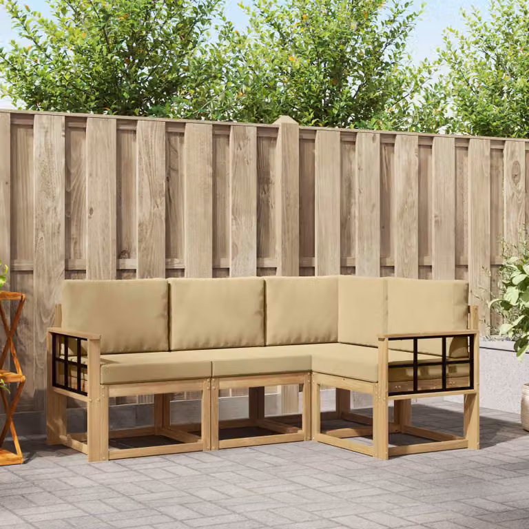 Set di divani da esterno vidaXL 4 pz a forma di L in legno di acacia con cuscini bianchi e beige