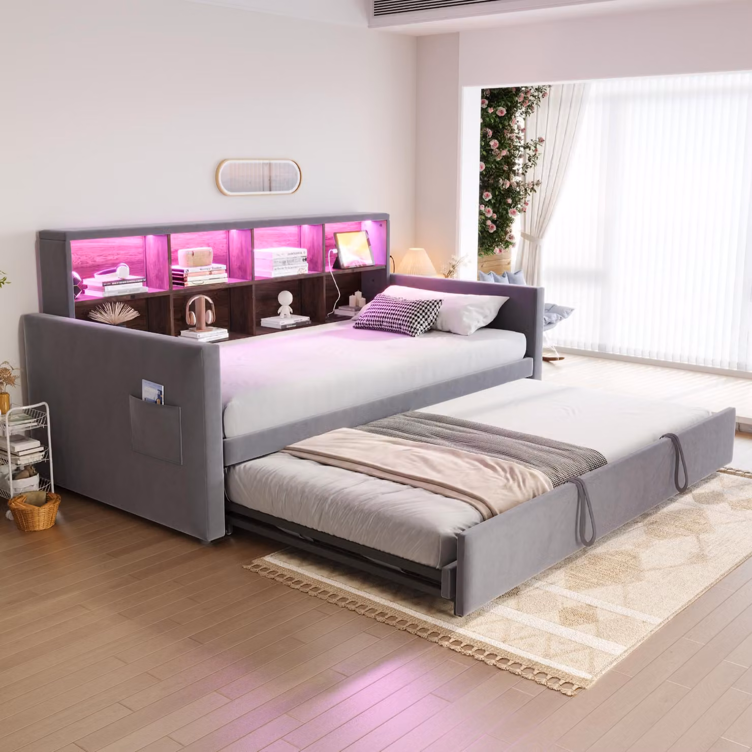 MODFU Divano letto multifunzionale 90x190 con letto estraibile e vani portaoggetti integrati, struttura letto da giorno con striscia luminosa a LED e prese di ricarica, senza materasso, grigio scuro