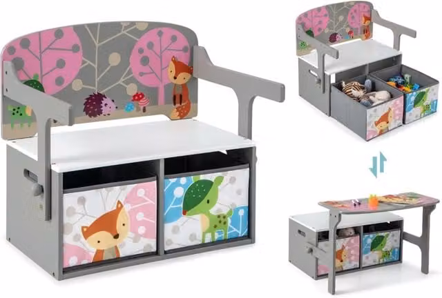 Set tavolo e sedie per bambini Design Mania con panchina convertibile e 2 cassetti in tessuto, Grigio – 1