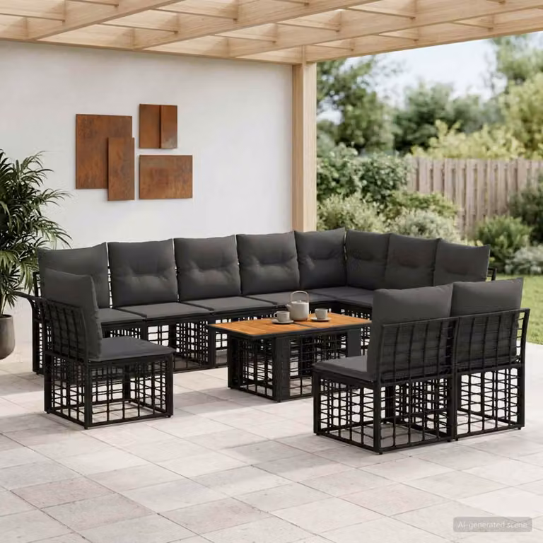 Set Divano da Giardino vidaXL 11 pz in Polyrattan con Cuscini, Forma a L e Tavolino, Nero e Grigio