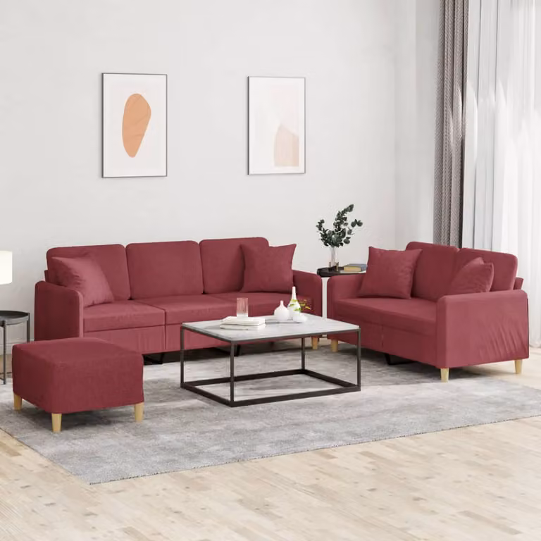 Set di divani vidaXL composto da un divano a 3 posti, un divano a 2 posti e un pouf, in tessuto rosso con cuscini, design moderno per il tuo soggiorno