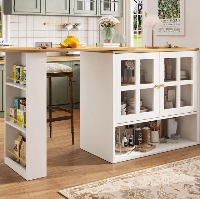 Isola multifunzionale da cucina bianca girevole a 360° con ripiani regolabili e porta in vetro temperato, 138-204x39x102,5 cm