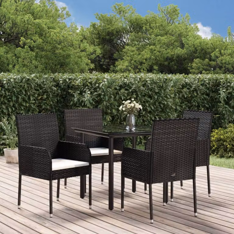 Set da pranzo da giardino vidaXL in polyrattan nero con tavolo in vetro e 5 sedie con cuscini