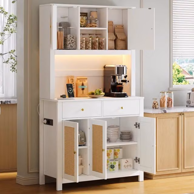 Mobile colonna da cucina con ante in rattan 2 cassetti LED RGB prese integrate bianco 100 × 40 × 180 cm