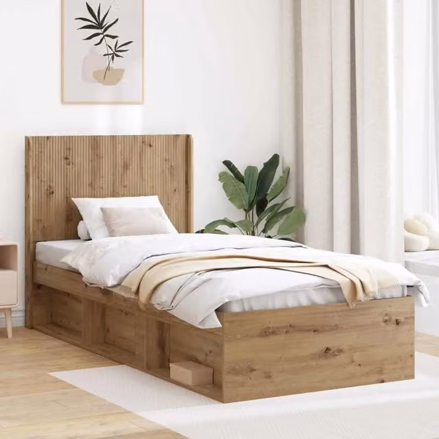 Letto moderno vidaXL con contenitore e testata in legno color rovere, L: 140 cm, P: 193 cm, H: 82 cm