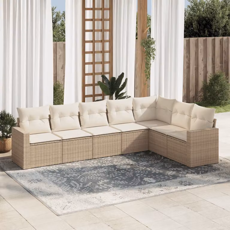 Set di divani da giardino vidaXL a forma di L composto da 7 pezzi con cuscini beige e struttura in metallo e rattan