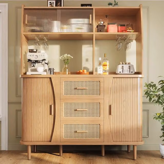 Mobile da cucina, credenza, finitura in vimini, 3 cassetti, ante scorrevoli in vetro, finitura effetto legno, colore legno naturale