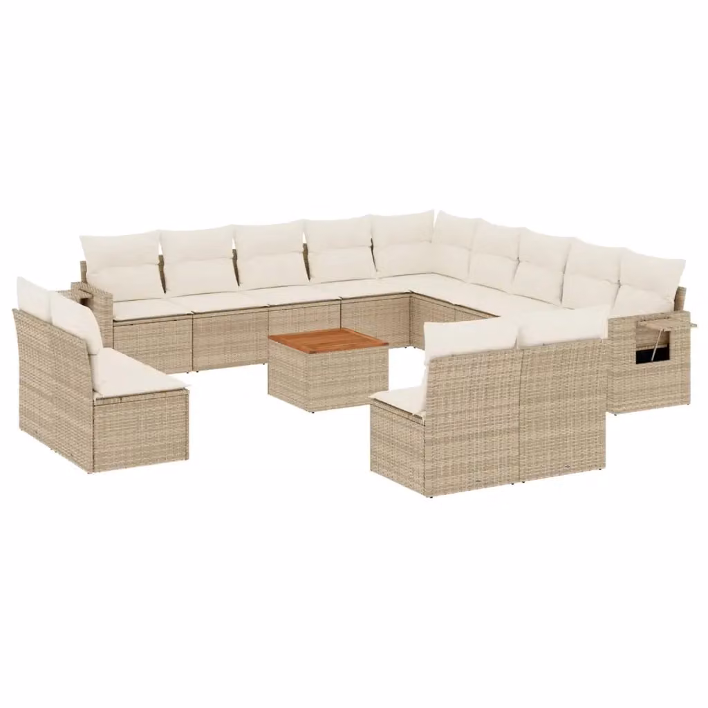 vidaXL Set Divani da Giardino a L in Polyrattan e Legno di Acacia Beige con Cuscini e Tavolino da Esterno – 2