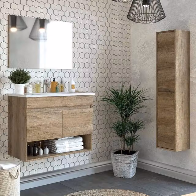 Set Mobili Bagno Moderno DMORA Sassola in Legno Marrone Quercia con Mobile Lavabo, Colonna e Specchio, L/P/H: 80 x 45 x 64 cm