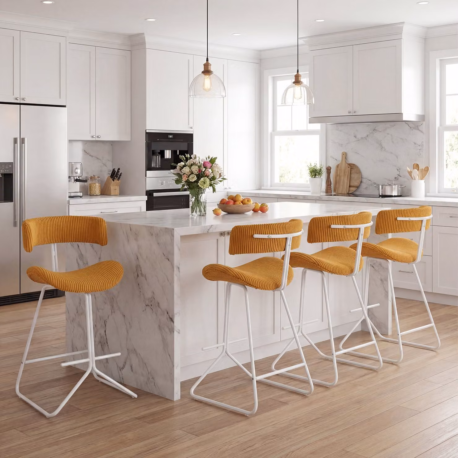 Set di 2 sedie da cucina moderne Costway imbottite in velluto a coste con schienale curvo e poggiapiedi, disponibili in bianco o giallo