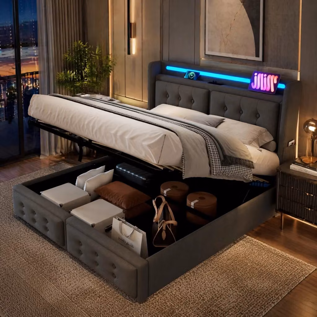 Letto Contenitore REDOM Grigio con Prese USB, Luci LED e Ripiani Integrati L/P/H: 160 x 200 x 161 cm – 2