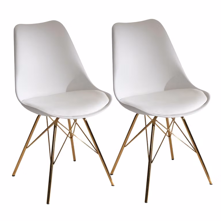 Set di 2 sedie da cucina in plastica bianca con gambe dorate, design scandinavo, sedie imbottite in ecopelle
