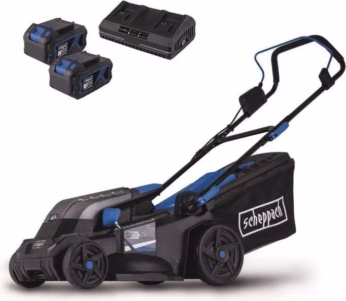Tosaerba a batteria Scheppach BC-MP380-X, larghezza di taglio 38 cm, 20 V IXES, batteria e caricabatteria inclusi, set XL2