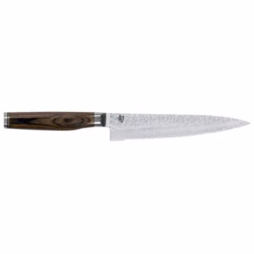 KAI Shun Premier Tim Mälzer coltello universale giapponese con lama ondulata 16,5 cm lunghezza lama - nucleo VG-MAX 61 HRC, 32 strati di damasco lucidato a specchio - legno Pakka marrone medio