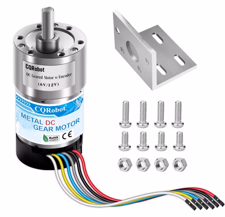 Motore a ingranaggi DC con rapporto di riduzione 30:1, dimensioni 37Dx67,5L mm, alimentazione 6V/12V, dotato di encoder a 64 impulsi per giro