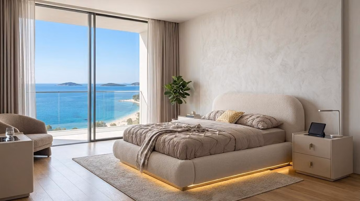 Set per camera da letto: letto, 2 comodini, design moderno, colore beige, tecnologia a induzione