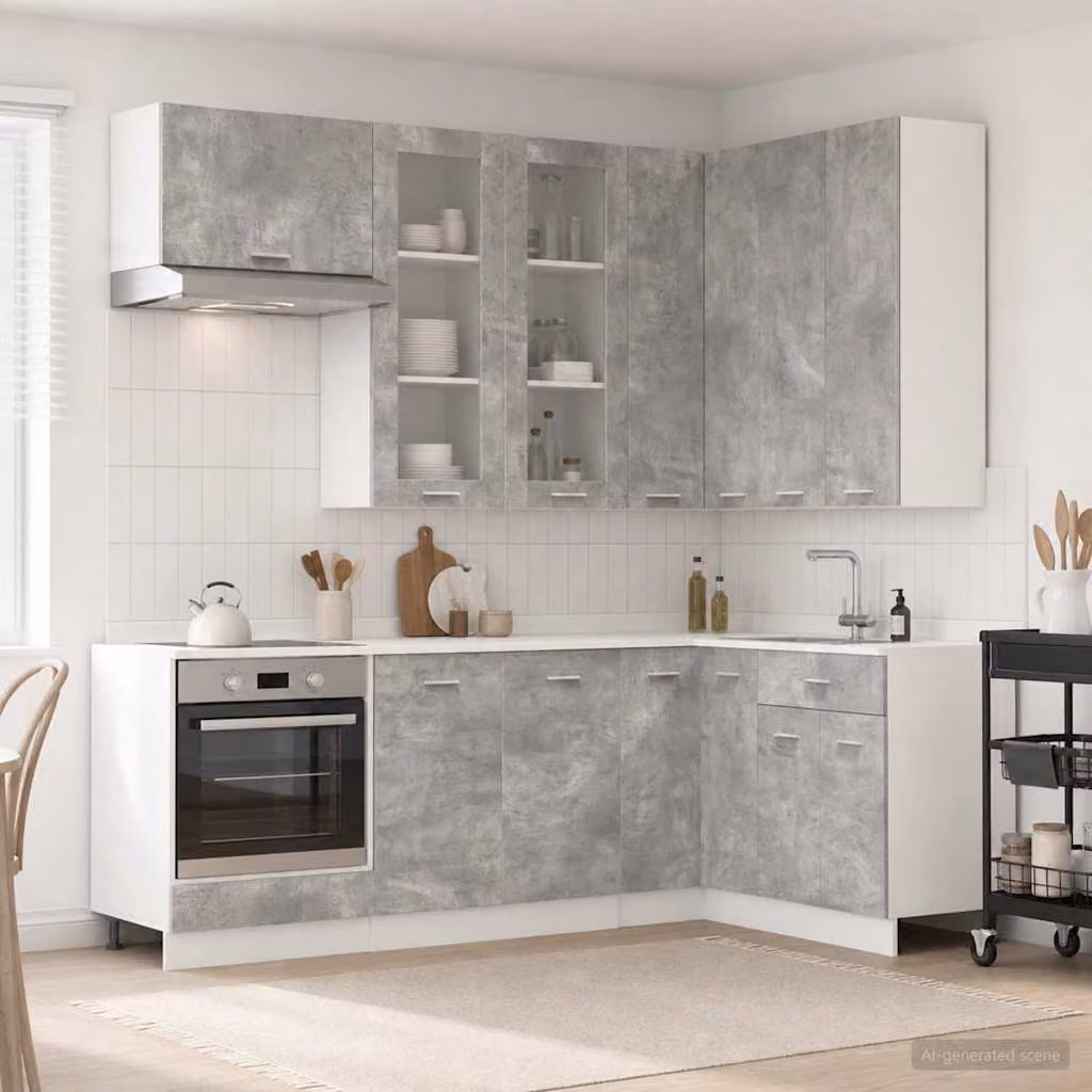 Unità cucina moderna vidaXL LYON composta da 8 pezzi in grigio cemento e legno ingegnerizzato con ante in vetro