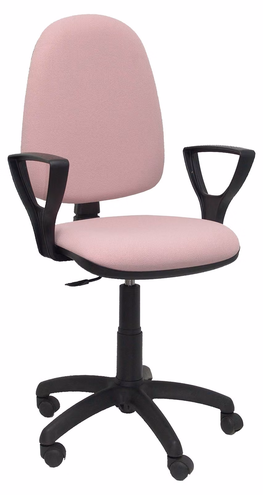 Una sedia da ufficio, color rosa chiaro