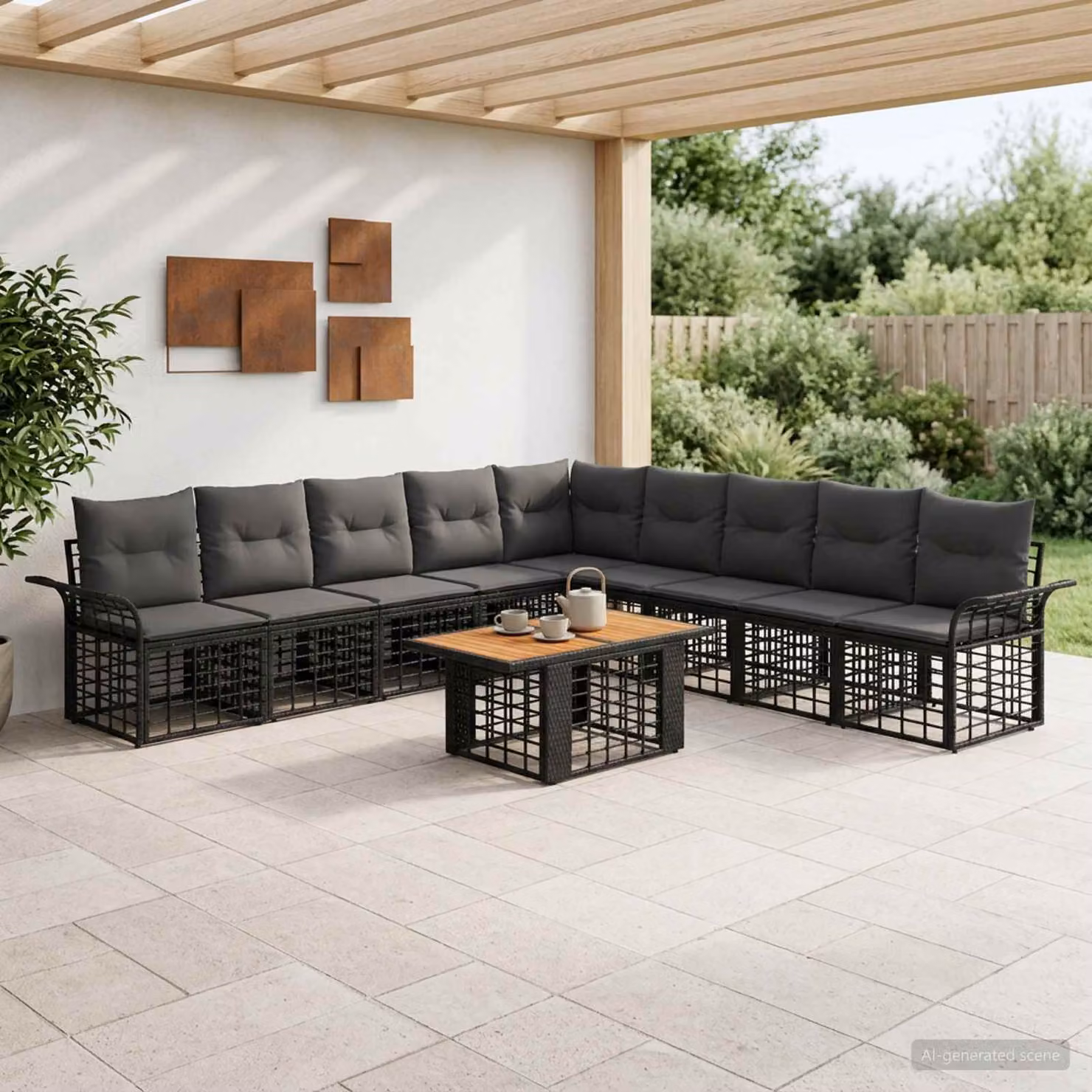 Set Divano da Giardino vidaXL 10 Pezzi a Forma di L con Tavolino, Colore Nero e Grigio, Struttura in Acciaio e Polyrattan con Cuscini Imbottiti