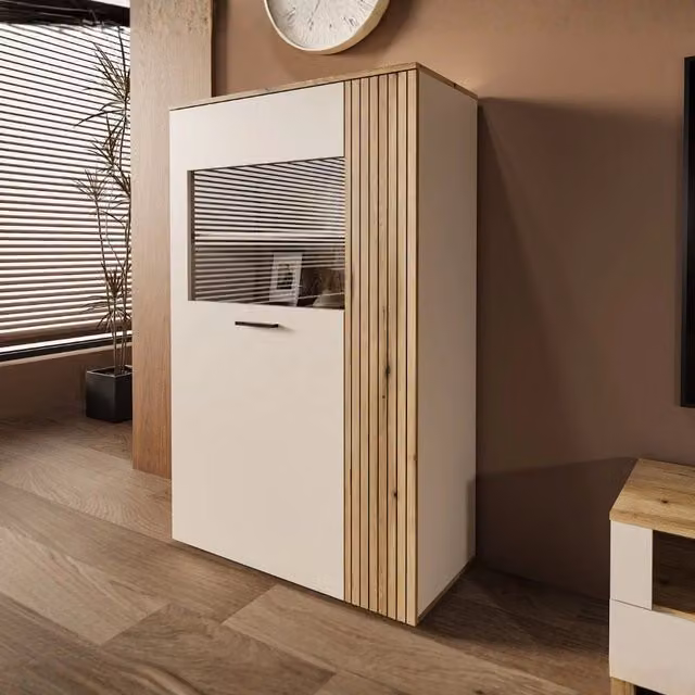 Vetrina con anta a listelli verticali Frezo06 cashmere e rovere evoque 90x42x146H