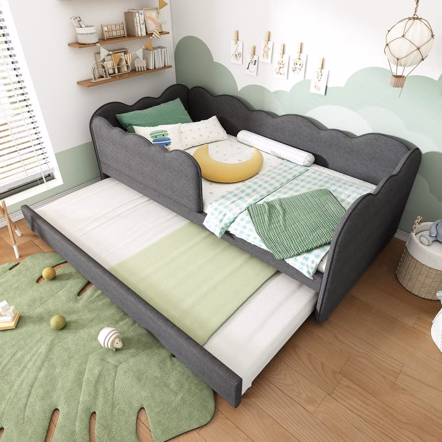 Letto imbottito Flieks 90x190cm con letto estraibile, letto per bambini, letto per ragazzi, divano letto con protezione anticaduta, lenzuolo da giorno, grigio