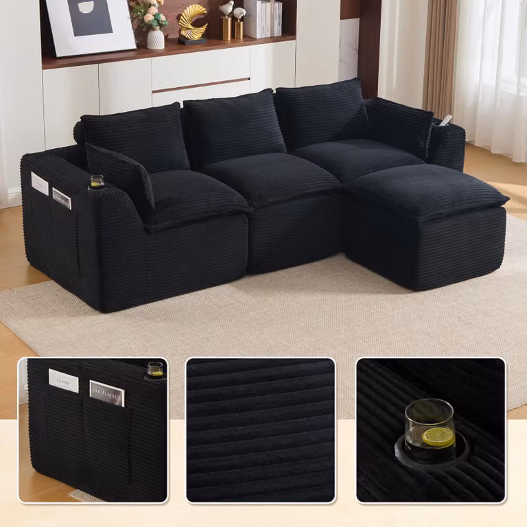 LVHOM Divano modulare a 3 posti, modello Cord, angolo living a forma di L con portabicchieri e tasche laterali, grande divano, 256 cm, nero