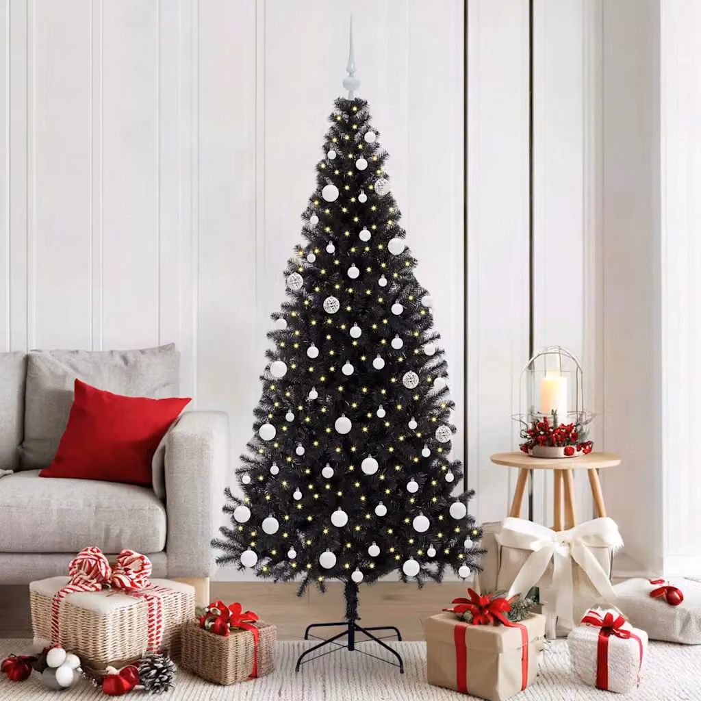 Albero di Natale moderno vidaXL nero in PVC con luci LED bianco caldo, Altezza: 180 cm