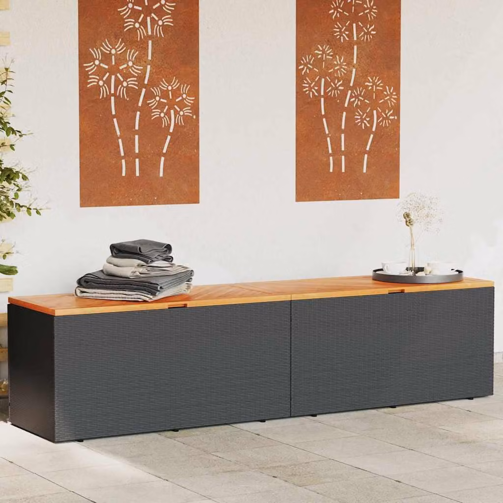 vidaXL Contenitore da Giardino Moderno in Polyrattan e Legno di Acacia Nero e Marrone L: 220 cm, P: 50 cm, H: 54 cm