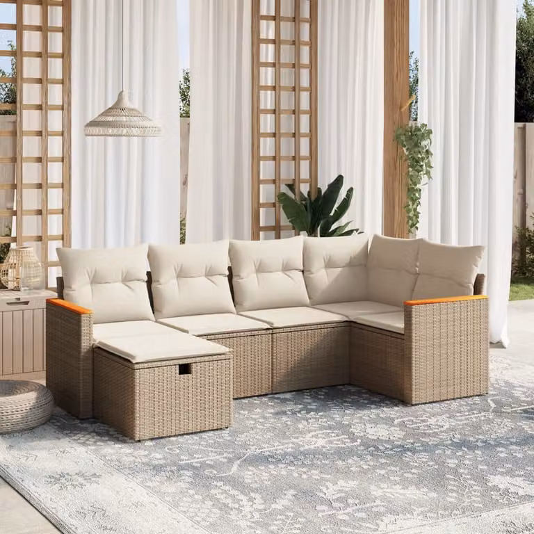 vidaXL Set Divano da Giardino a L 6 pz con Cuscini Beige e Struttura in Metallo e Polyrattan