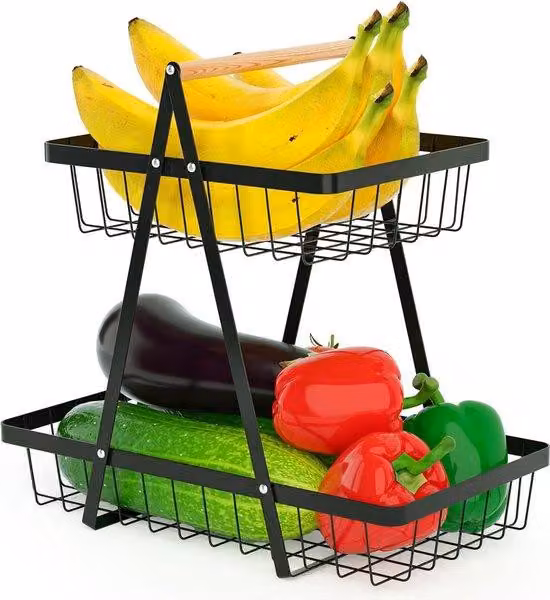 Portafrutta in metallo a due ripiani, con maniglia, per cucina, portafrutta, organizer per cucina, sala da pranzo, snack, pane (nero)
