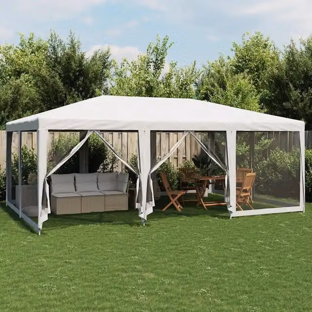 Tenda da campeggio per feste con 10 pareti laterali in rete, colore bianco, L: 600 cm, P: 400 cm, H: 280 cm, in materiale HDPE – 1