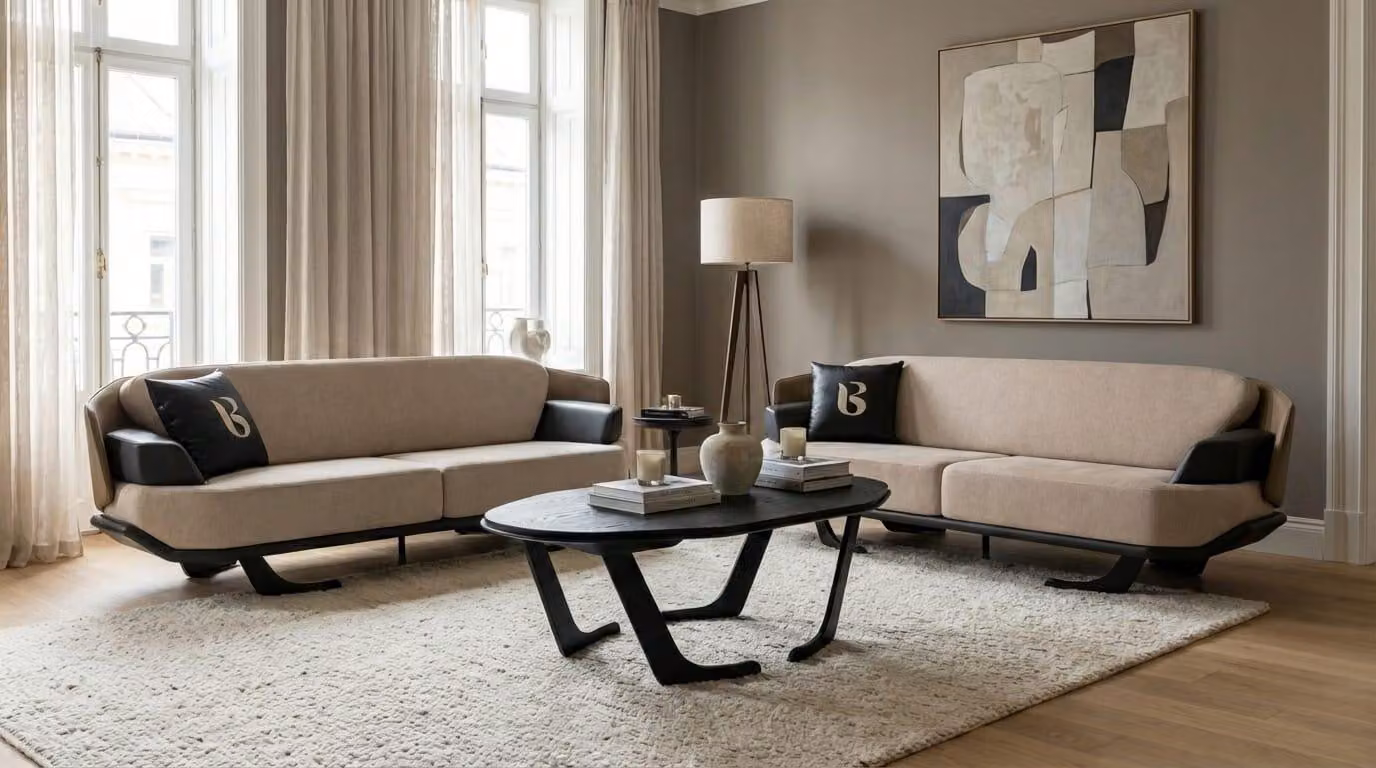 Set per soggiorno: 2 divani, un divano a 3 posti, tavolino moderno ed elegante