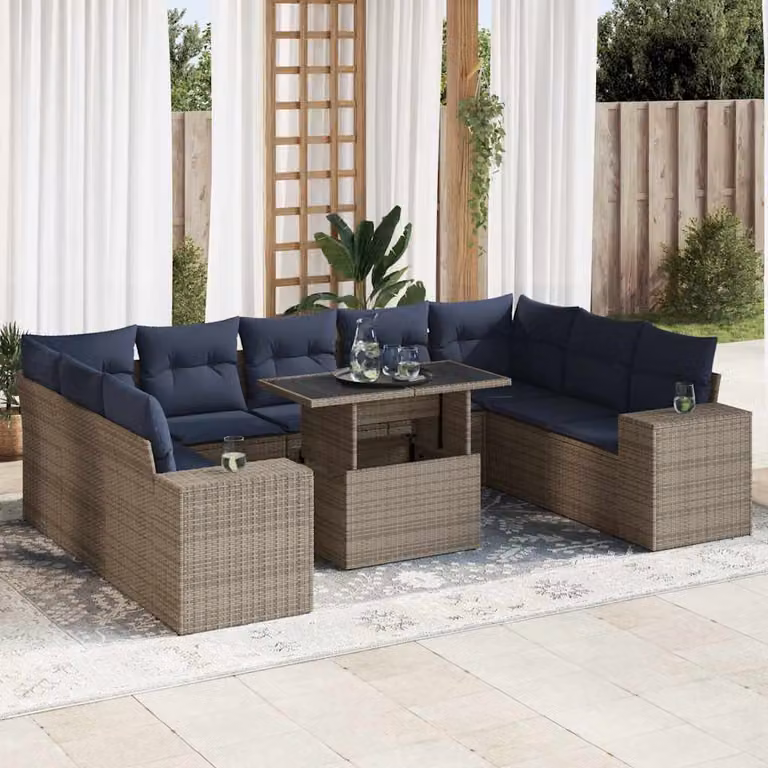 Set da giardino vidaXL a forma di U composto da 10 pezzi con cuscini in polyrattan e struttura in metallo, colore grigio