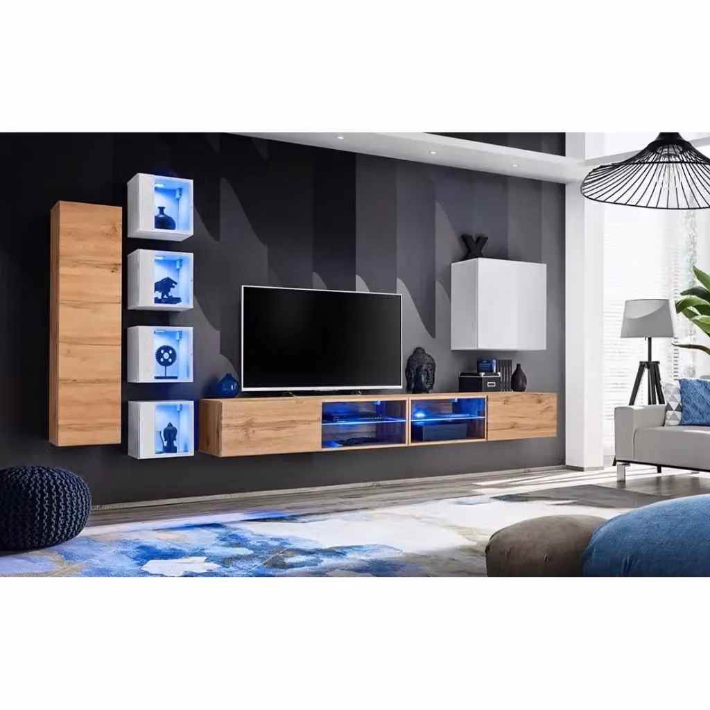 Set mobili da salotto Meublorama SWITCH XXVI in rovere e bianco con ante in vetro e illuminazione LED integrata – 2